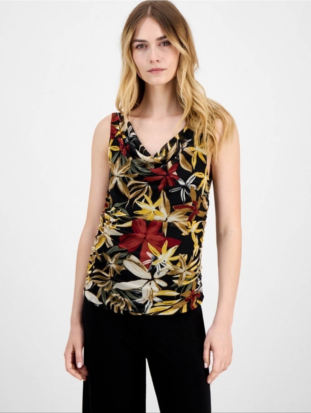 Anne Klein Women's Printed Ruched Draped-Neck Mesh Top Floral Tank Neck Size L